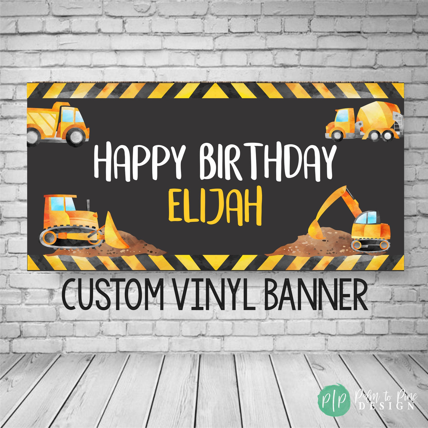 A modern black and yellow construction themed birthday banner with the text &#39;Happy Birthday Name&#39;. The banner features yellow construction vehicles with black outlines on a black background with a yellow and black striped border.