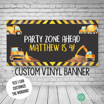 party zone ahead banner with construction vehicles and black and yellow caution tape