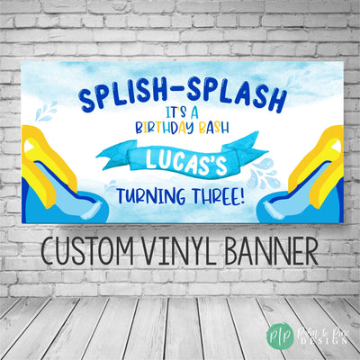 boys birthday banner with inflatable waterslide and splash clipart