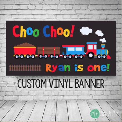 Train-Themed Birthday Banner for Kids in primary colors that reads choo choo with the birthday boys name and age