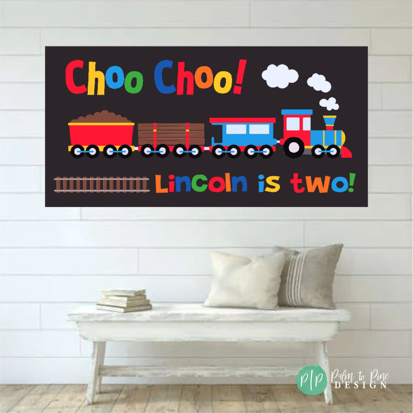 Custom Train Party Banner in black and primary colors