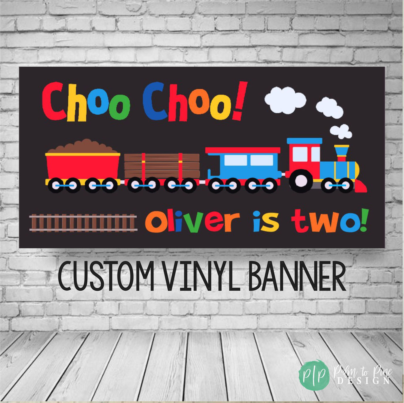 Personalized Train Birthday Party Banner in primary colors on a black background