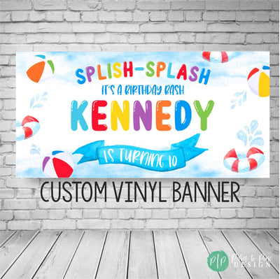 Splish Splash Primary Color Rainbow kids birthday banner with beach balls and life rings