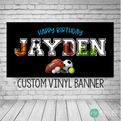 Modern sports-themed birthday banner featuring colorful designs of basketball, soccer, football, and baseball.