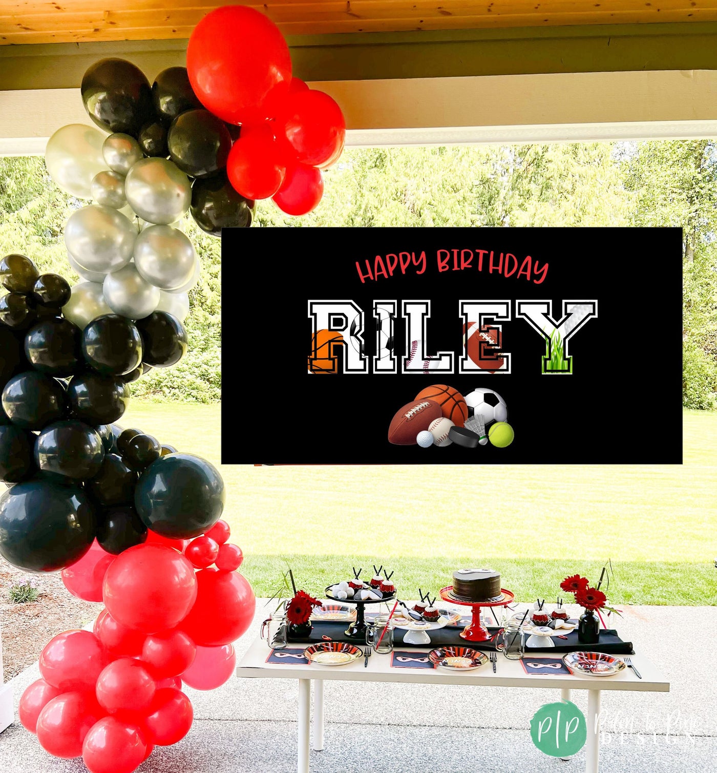 Sports-themed party banner in red and black with a sleek, modern design at a young athlete’s birthday.