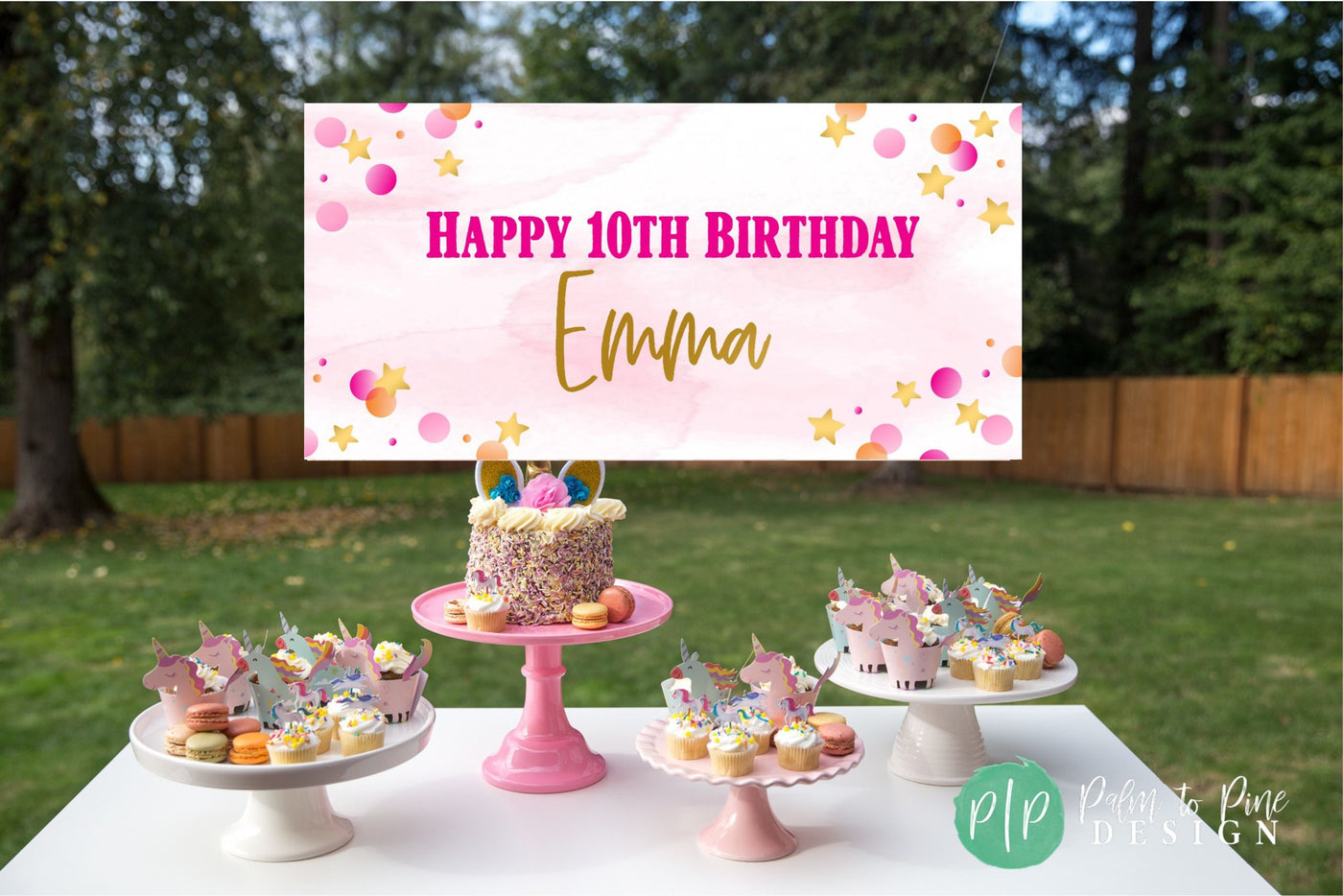 girls birthday banner for 10th birthday with pink and gold stars and polka dots in front of a simplistic dessert table