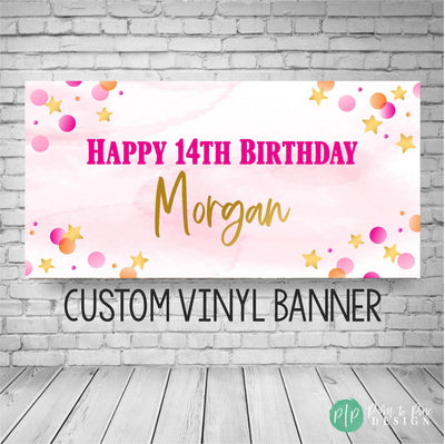 watercolor pink birthday banner with gold starts and pink and orange polka dots for girls birthday