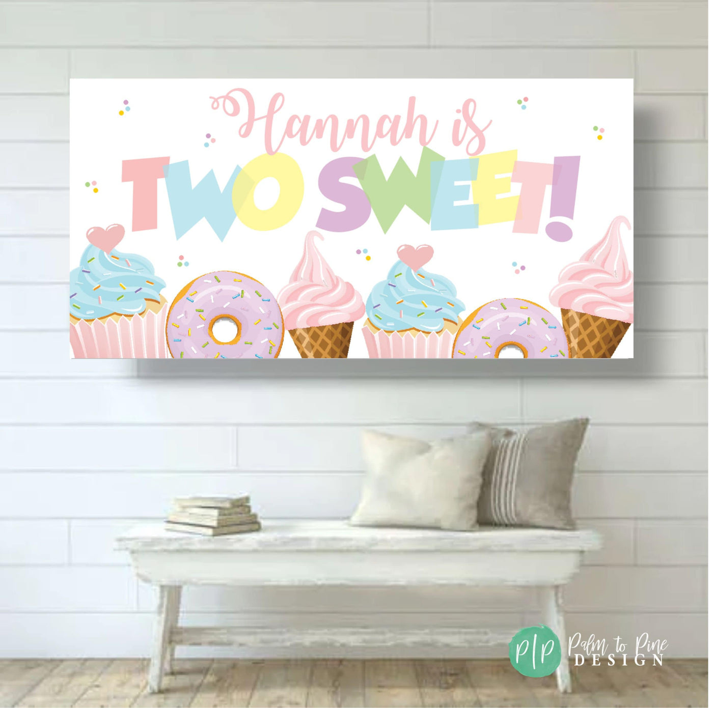 Two Sweet birthday banner in pastel colors with playful cupcake, donut, and ice cream cone illustrations, perfect for a sweet-themed second birthday.