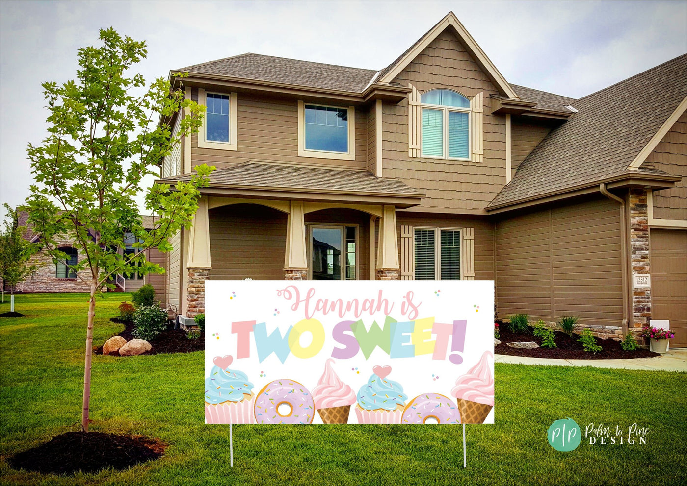 Pastel-colored Two Sweet party banner featuring desserts like cupcakes, donuts, and ice cream cones for a fun second birthday celebration