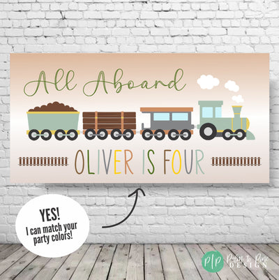 Modern All Aboard Train Birthday Party banner in boho colors