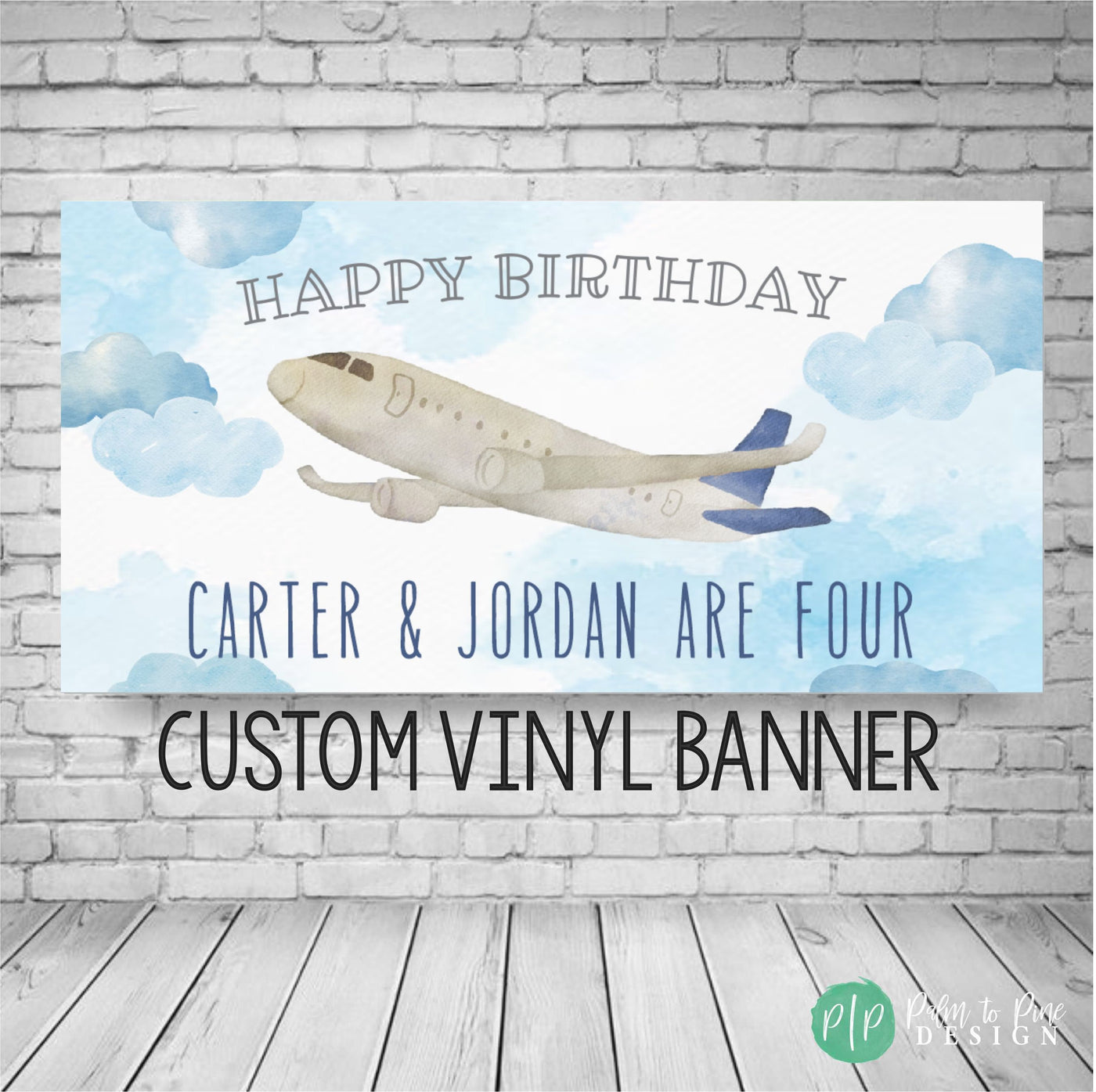 Airplane Birthday Banner with commercial airplane and blue clouds