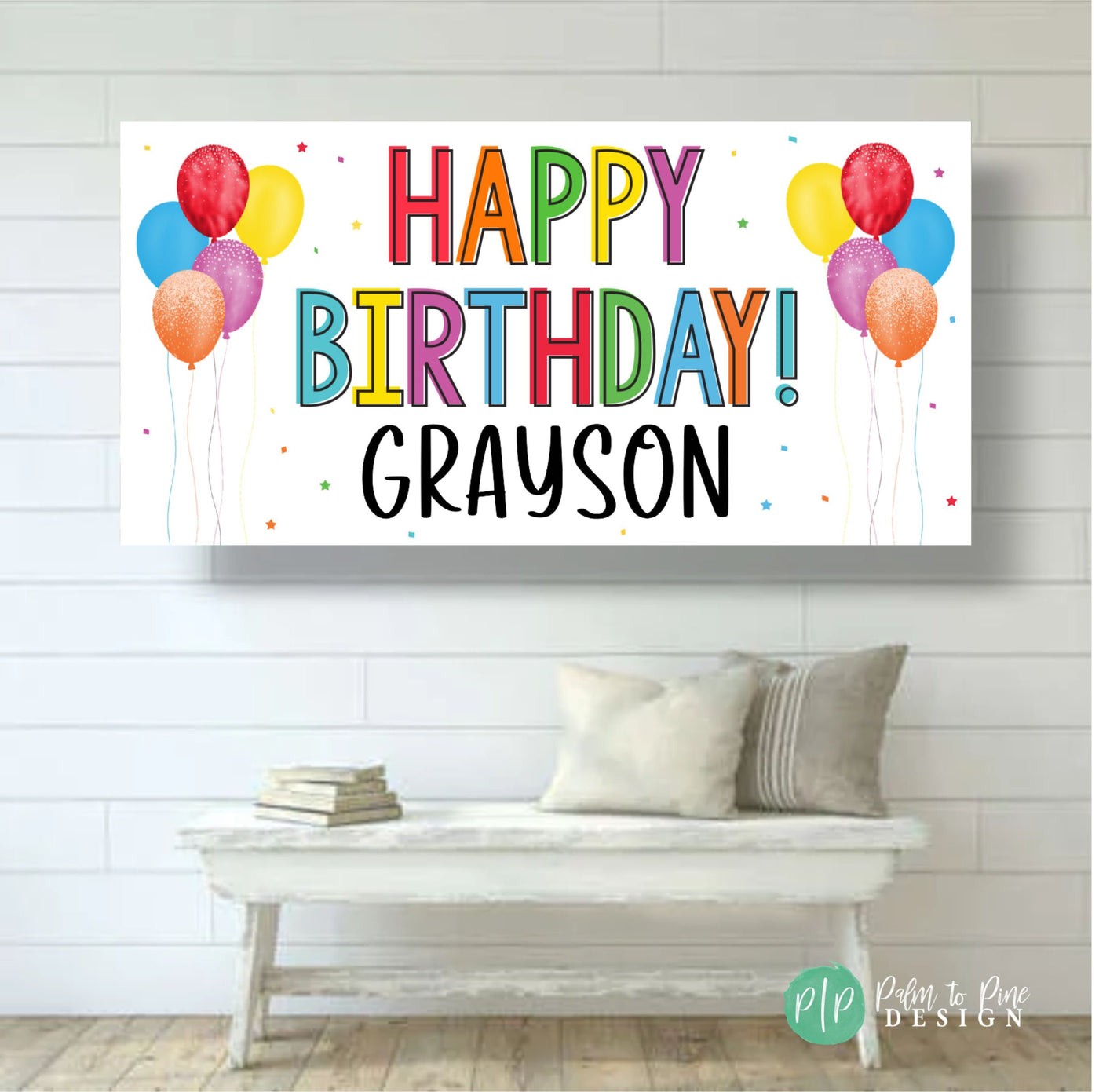 happy birthday banner customized with a name in rainbow colors on a white background with colorful balloons and confetti