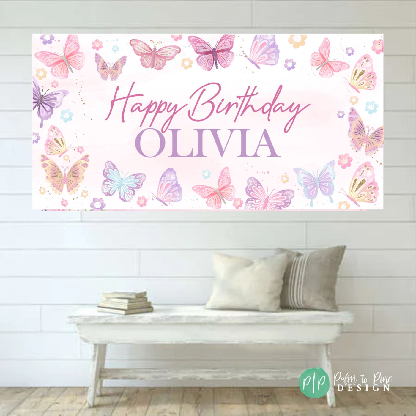 Butterfly-themed birthday banner with soft pastel pink and purple accents, showcasing beautiful butterfly illustrations and festive lettering.