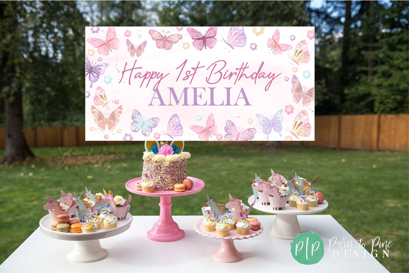 A charming pink and purple butterfly birthday banner, decorated with delicate butterfly graphics and soft pastel hues for a magical party look.