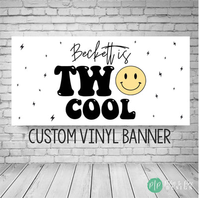 Two Cool Birthday Party Banner with lightening bolts and groovy smiley face emoji