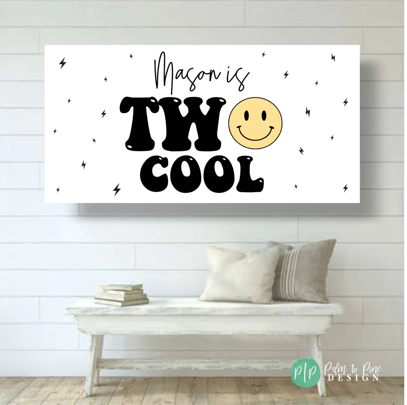 Two Cool&#39; birthday banner with minimalist lightning bolt accents and a cheerful smiley face design on white shiplap wall