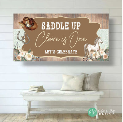 cowgirl western birthday banner with paisley bandana print, rustic wood, horse, flowers and cowboy hat clipart