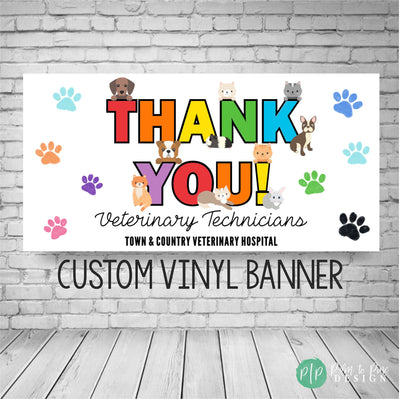 Veterinary Technician Appreciation Banner in rainbow colors with animal paw prints and cat and dog clipart for vet office or pet hospital