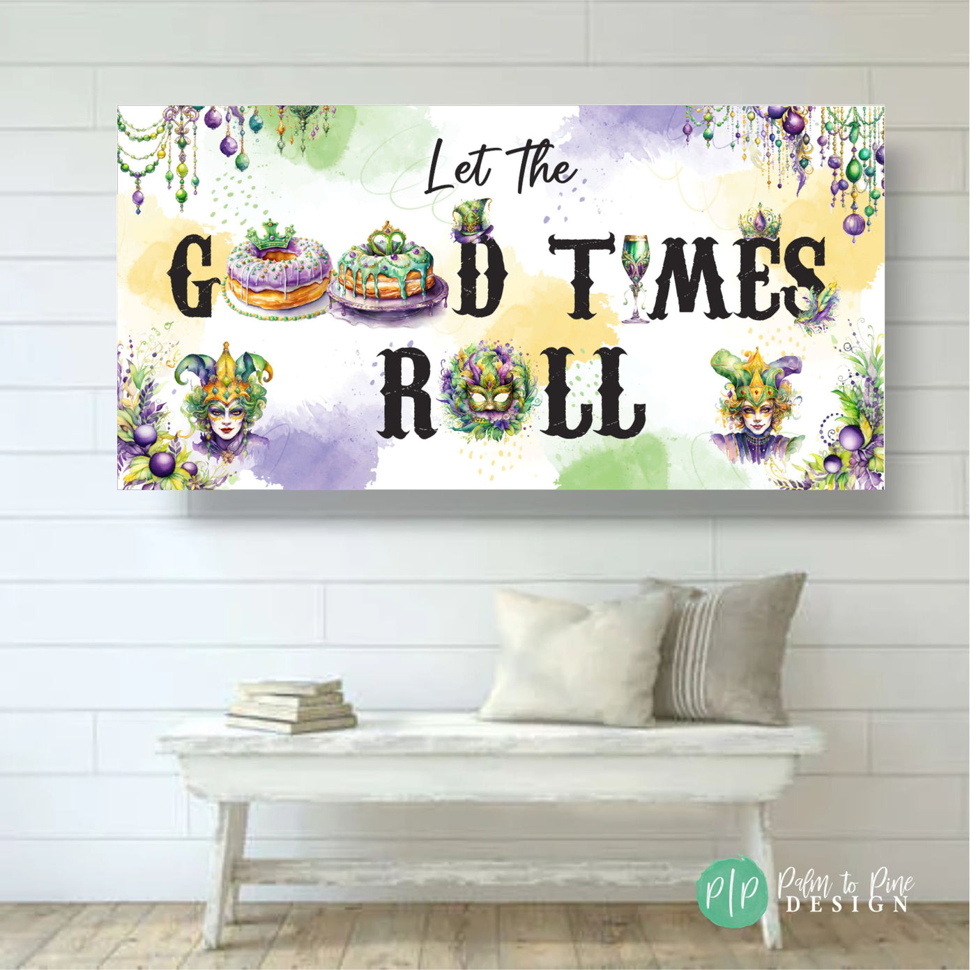 Bright Mardi Gras banner with &#39;Let the Good Times Roll&#39; in purple, green, and gold, adorned with masks, beads, and celebratory designs.