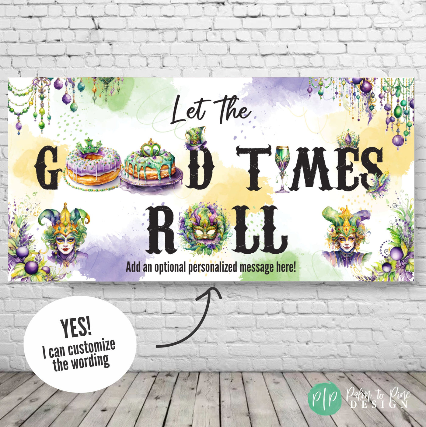 Festive Mardi Gras banner with &#39;Let the Good Times Roll&#39; in purple, green, and gold. Features beads, masks, and fleur-de-lis for a lively party vibe.