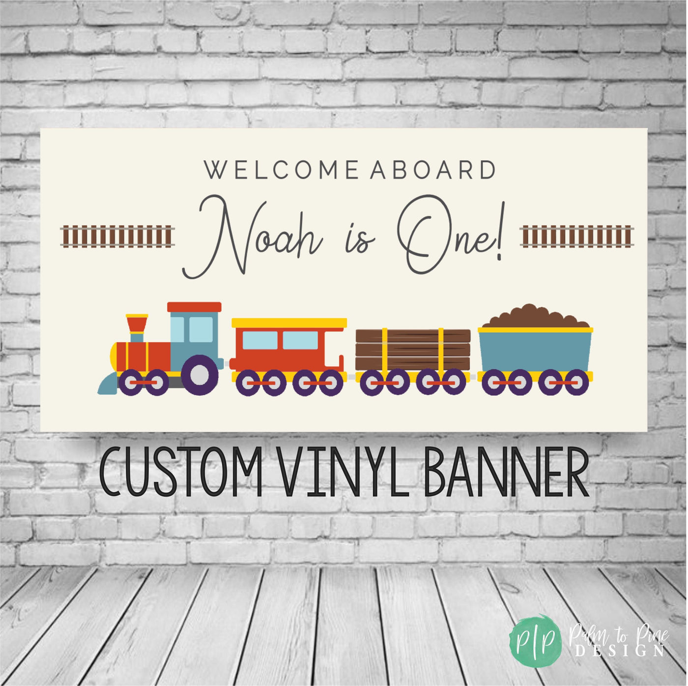 personalized train birthday banner with a minimalist and modern design on a light tan background with red, yellow and blue train clipart and railroad tracks