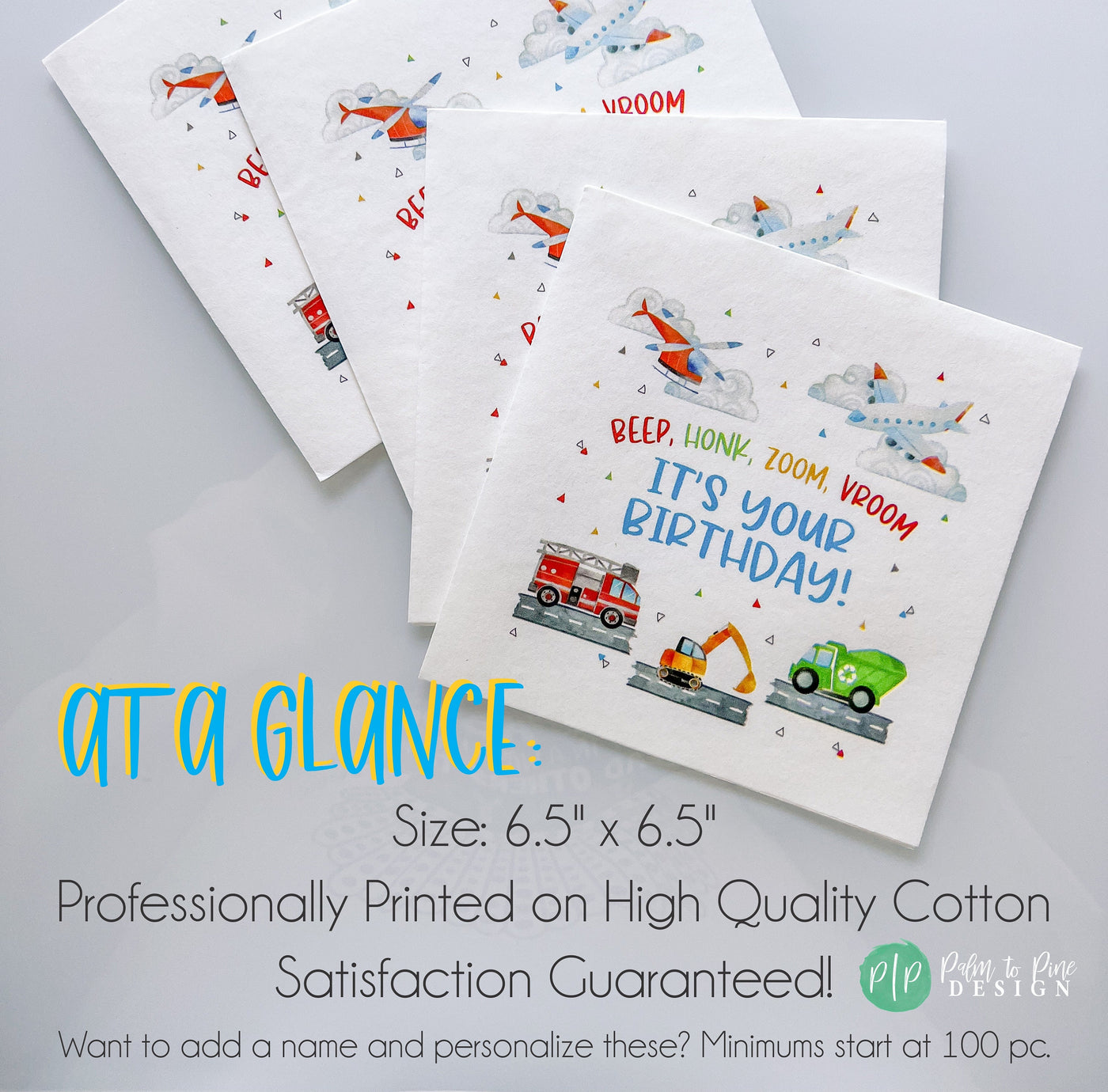 transportation birthday napkins with plane, helicopter, firetruck, excavator and garbage truck napkin details