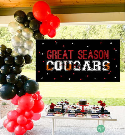 End of Season Basketball banner for team banquet with red, black and silver balloon garland