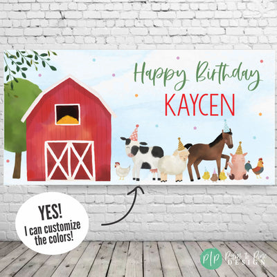 boys farm birthday party with red watercolor barn and farm animals in party hats