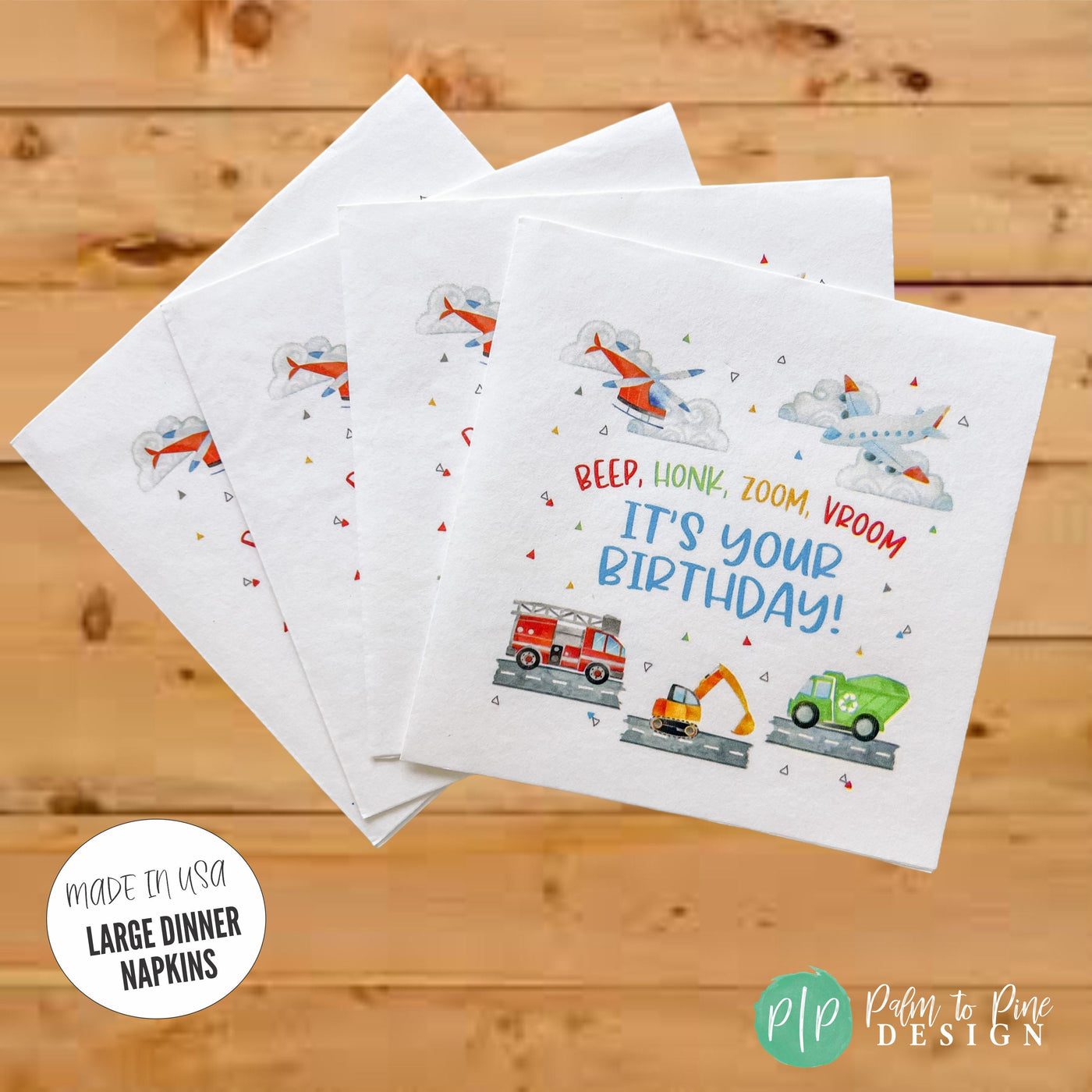 transportation birthday napkins with plane, helicopter, firetruck, excavator and garbage truck