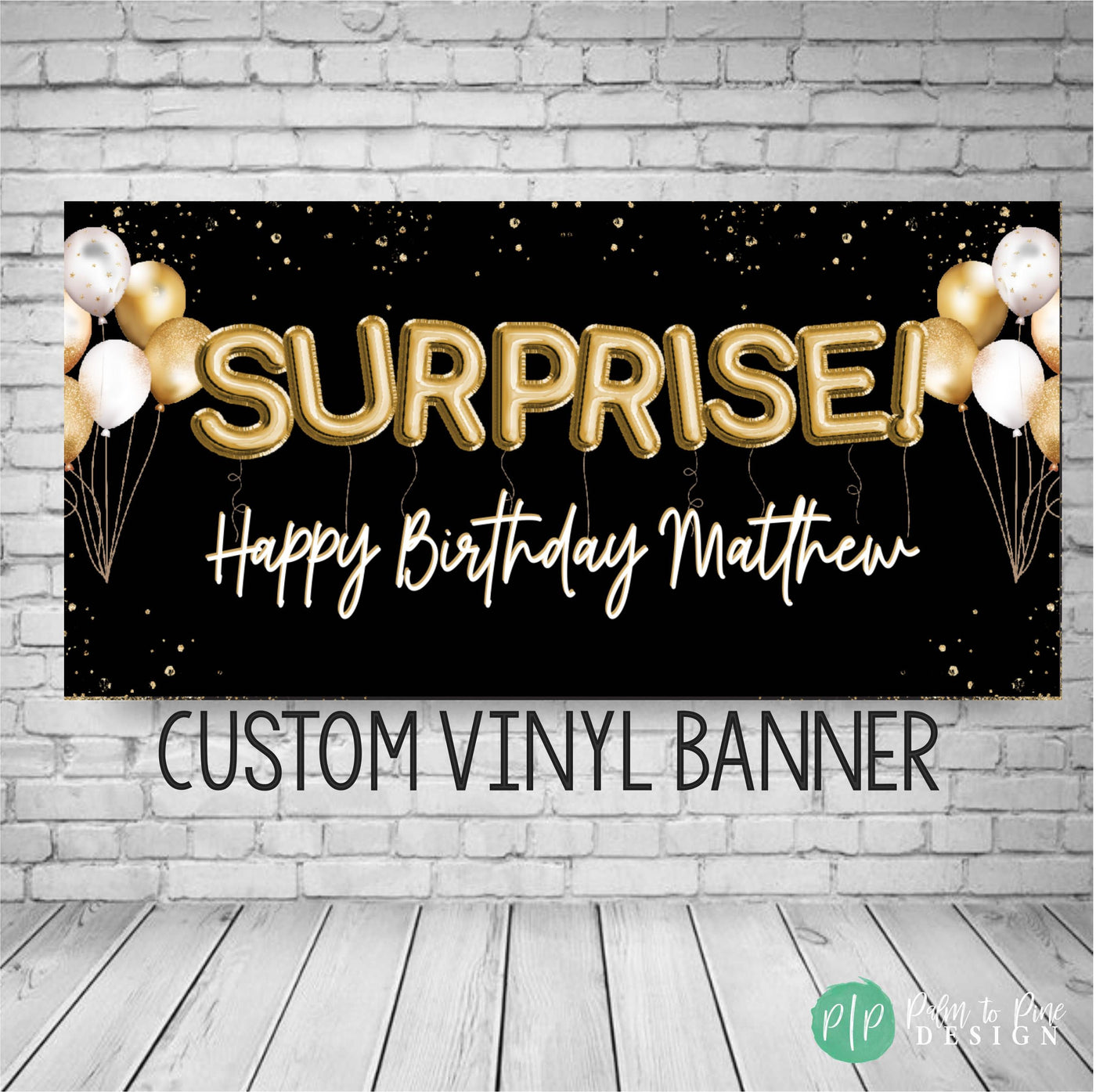 black and gold surprise party banner with gold foil balloon words