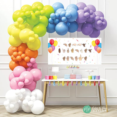 Personalized ASL birthday banner with rainbow balloon garland