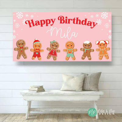 Gingerbread Girl Birthday Banner, Custom Gingerbread man Backdrop, Gingerbread Cookie Holiday Party Banner, Girls Christmas Birthday Decor