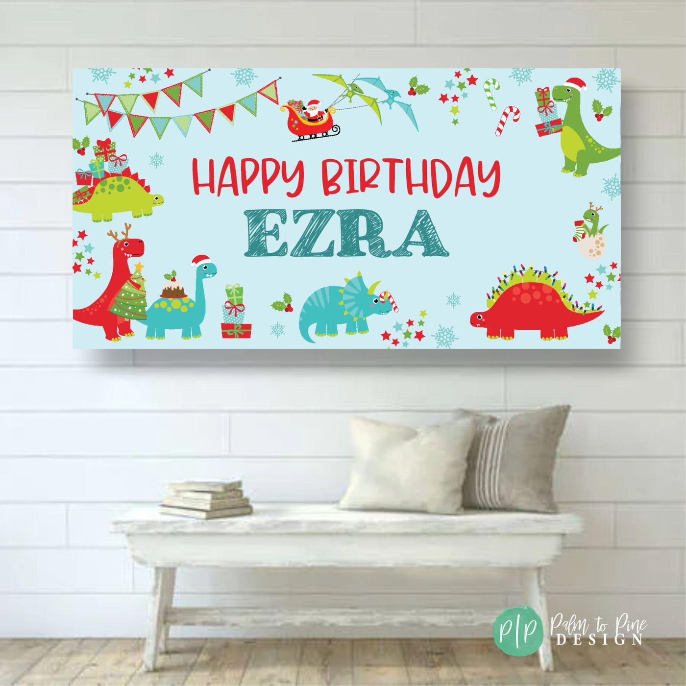 Dinosaur Christmas Birthday Banner, Kids Dinosaur Birthday Backdrop, Personalized Holiday Dinosaur Banner, Festive Dinosaur Birthday Decor