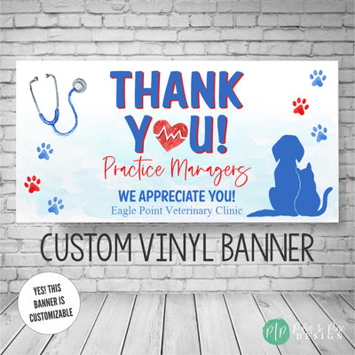 Veterinary Practice Manager Banner in red and blue with dog and cat paw prints and stethoscope