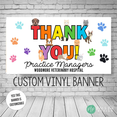 Veterinary Practice Manager Appreciation Banner in rainbow colors with paw prints and pet images