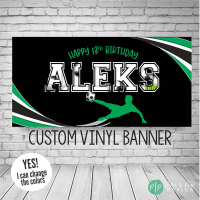 soccer birthday banner with soccer player silhouette and team colors