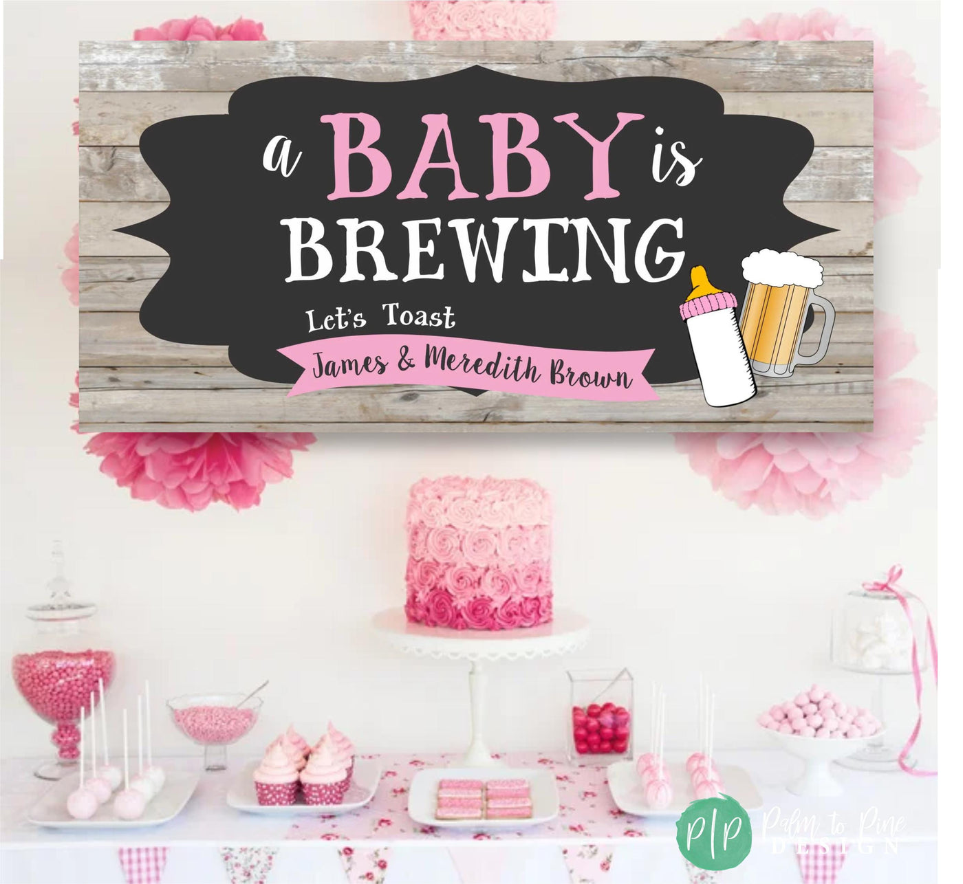 baby is brewing baby shower desserts and banner