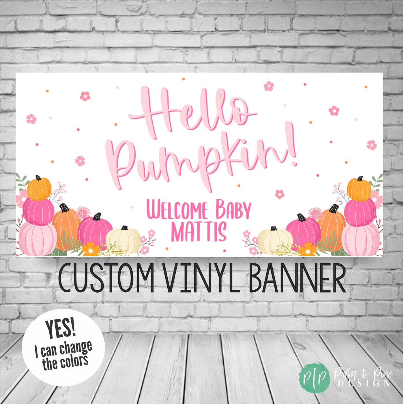 pink pumpkin baby shower banner with hello pumpkin