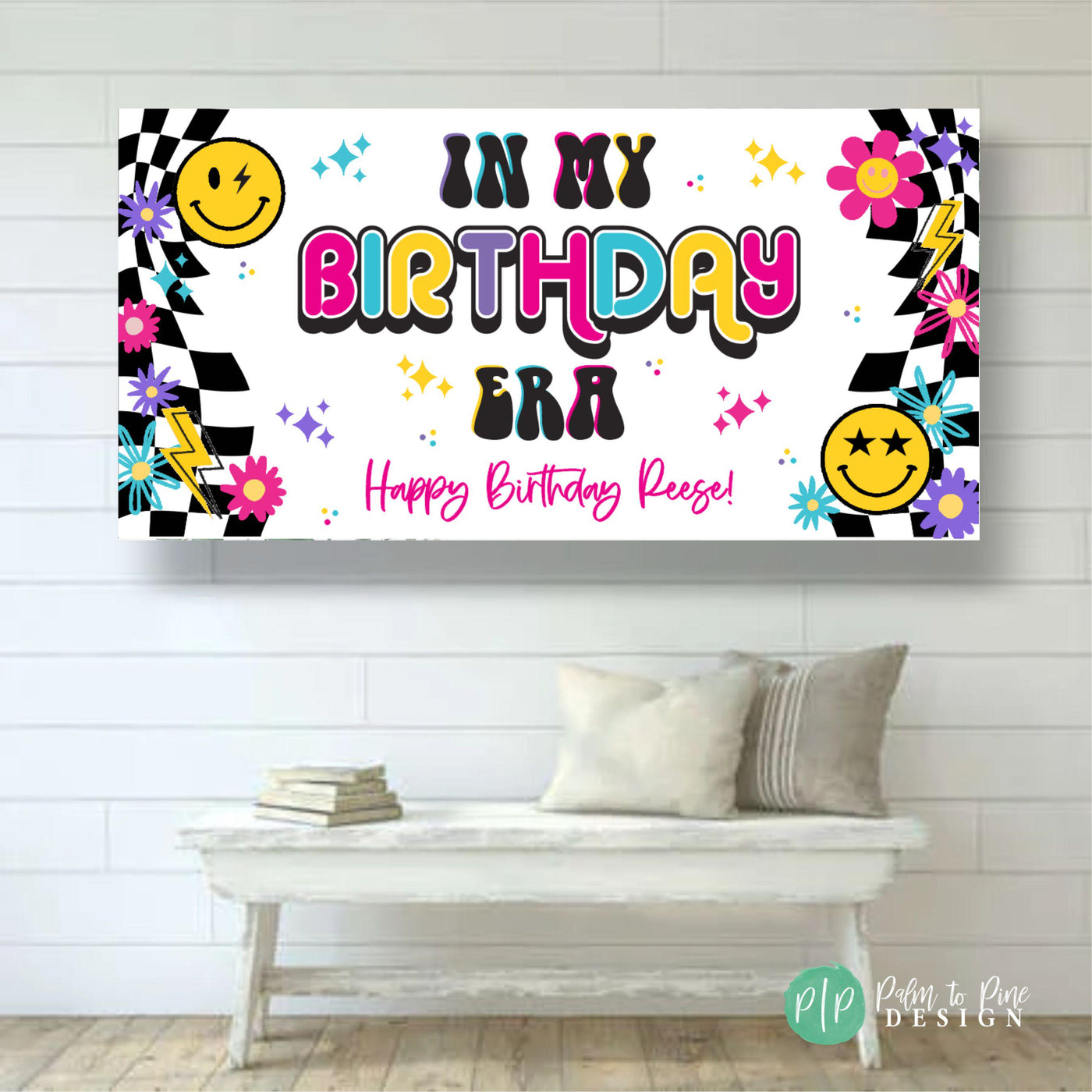 Retro Girls Personalized Birthday Banner, Custom Birthday Eras Decor, Tween Girls Smiley Birthday Backdrop, In My Birthday Era Girls Banner