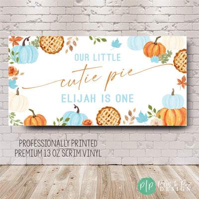 Little Cutie Pie Baby Shower Banner with blue, orange and white pumpkins, lattice crust pie and autumn details