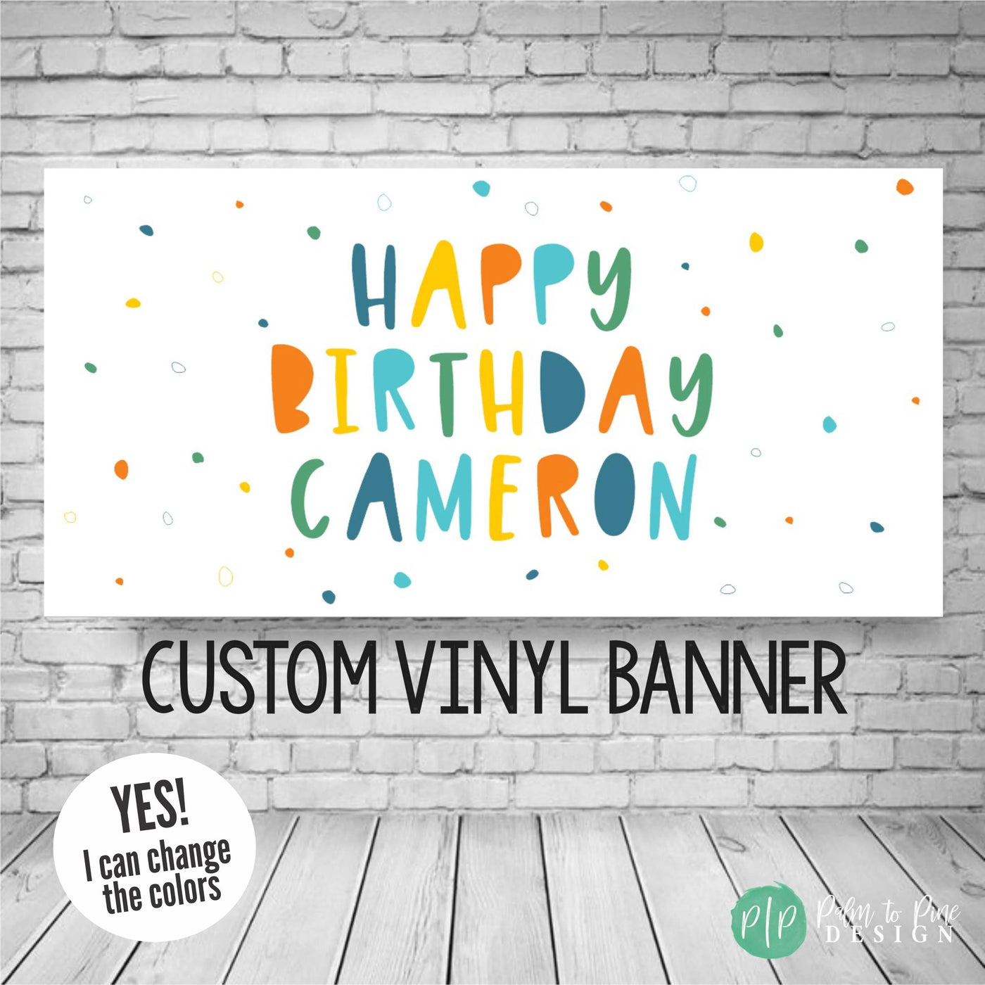 reusable birthday banner for boys with colored polka dots and personalized birthday message