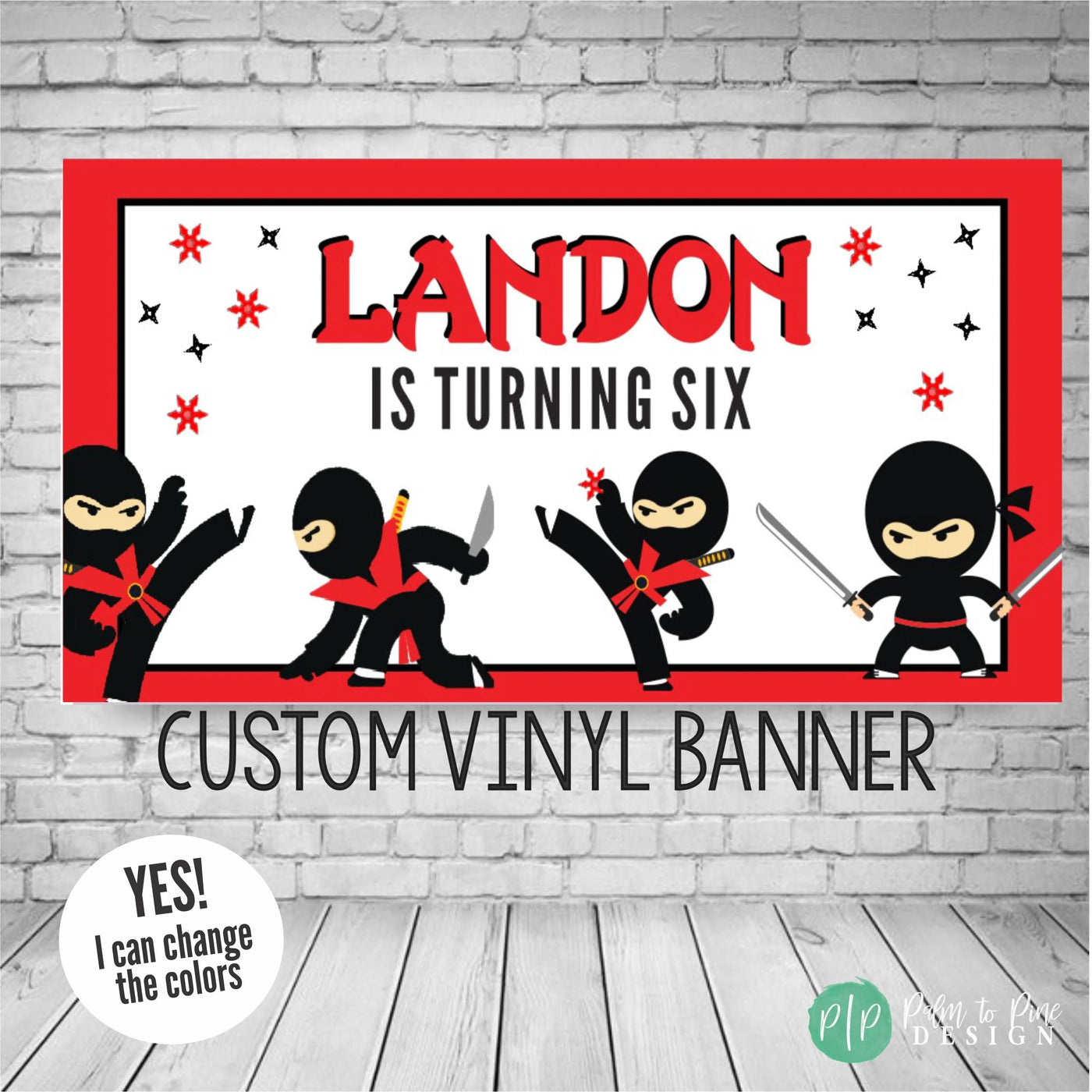 Ninja birthday banner in red and black with kid ninjas