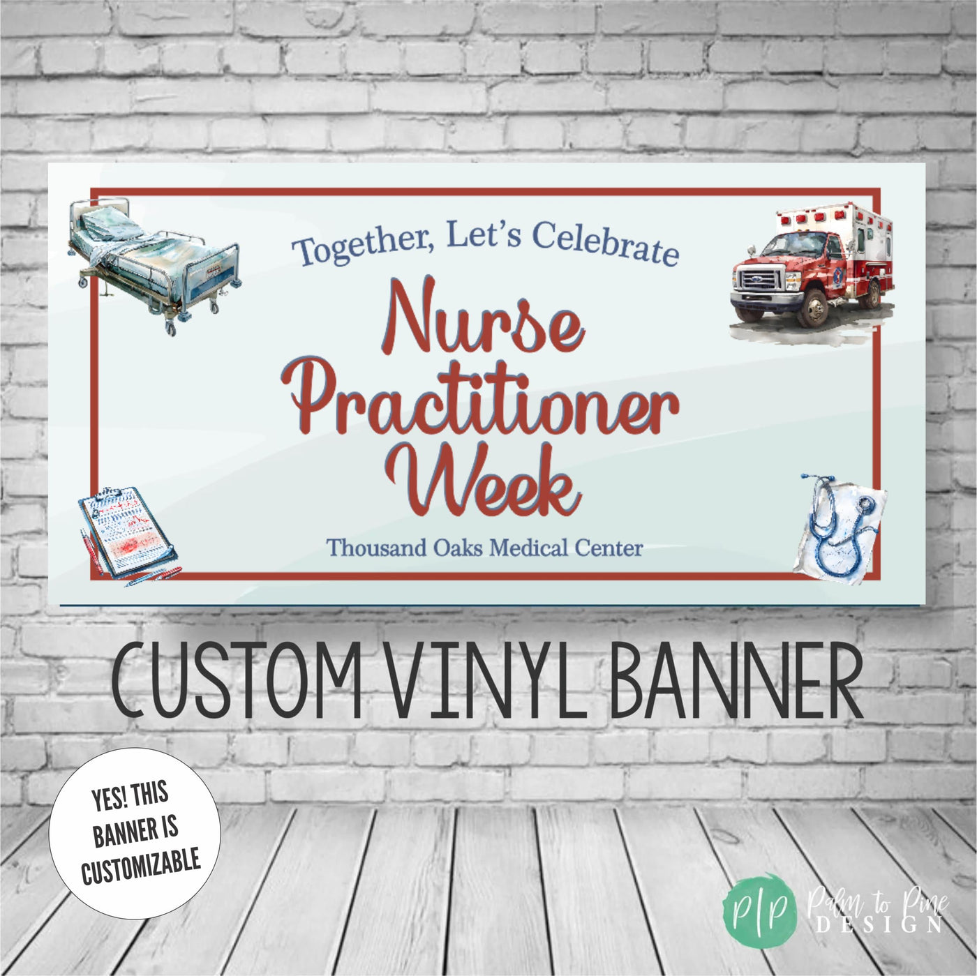 Nurse Practitioner Week banner with ambulance, hospital bed, stethoscope and charts