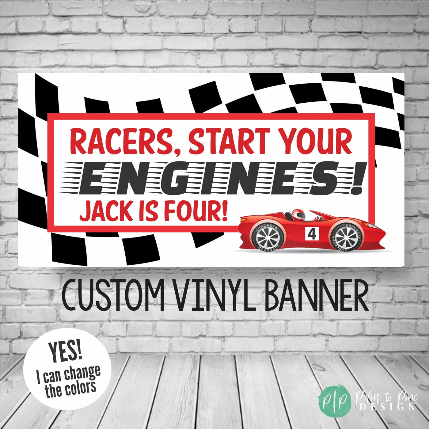 race car birthday banner for boys with checkered flag and red race car party decor