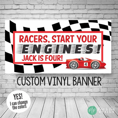 race car birthday banner for boys with checkered flag and red race car party decor