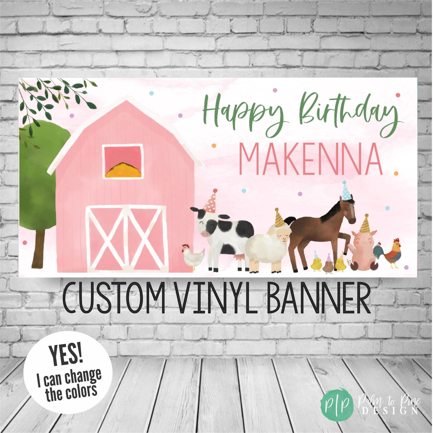 girls farm birthday party with pink watercolor barn and farm animals