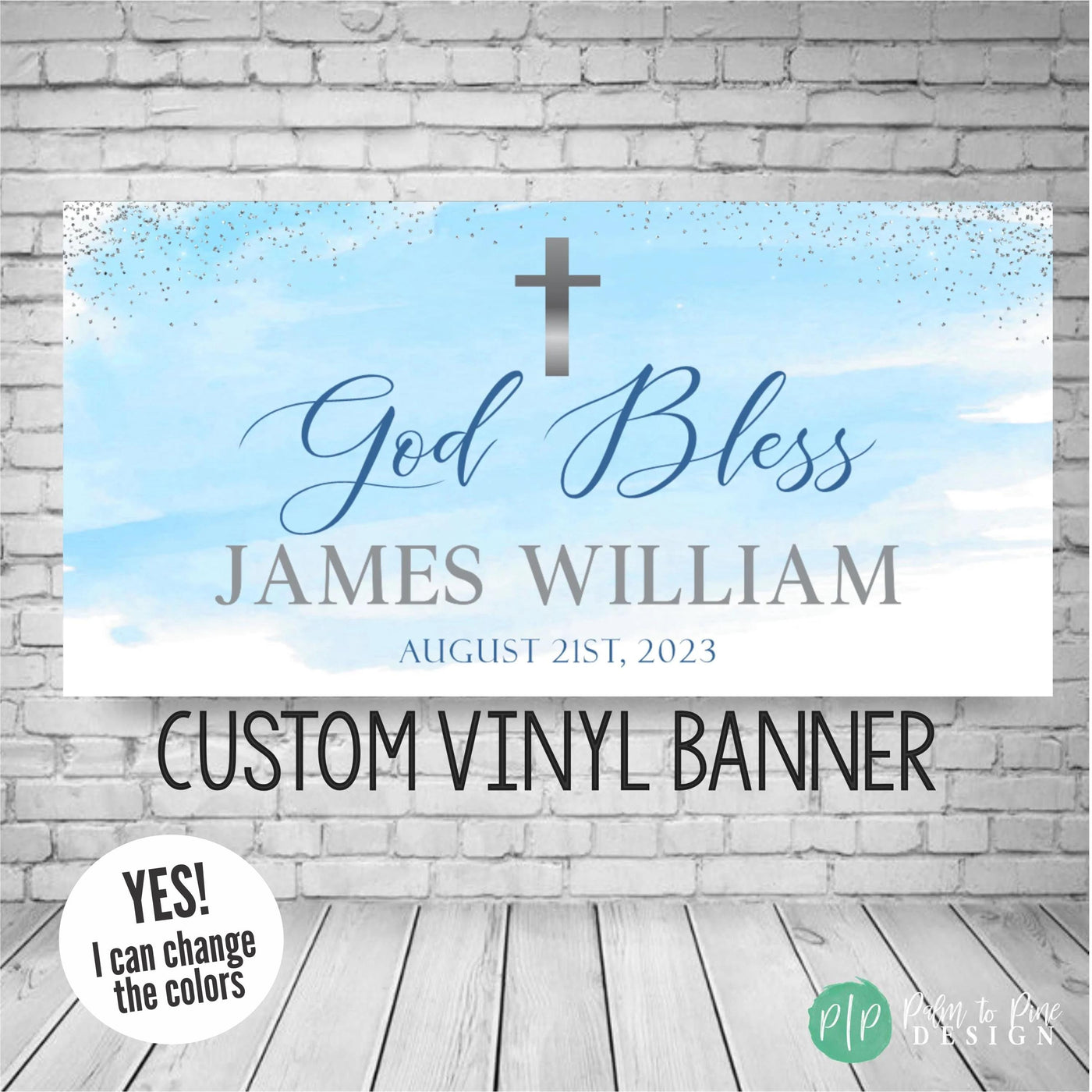 personalized baptism banner with blue watercolor background and silver cross