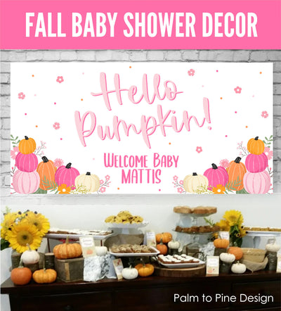 pink pumpkin baby shower banner and pumpkin inspired dessert table