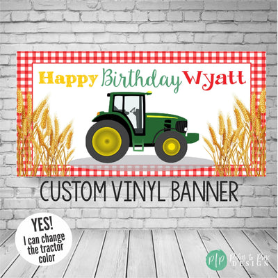 tractor banner with green tractor, stalks of wheat and gingham background