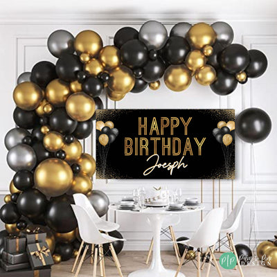 Black and Gold Birthday Banner, Happy birthday personalized banner, Custom birthday banner, Black and Gold backdrop, Black and Gold banner